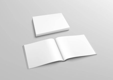 Realistic 3D Perspective Blank Clear Opened Magazine Mock Up With Packaging Box.のイラスト素材