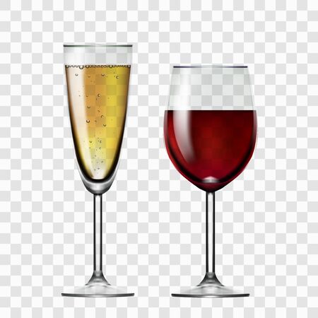 Realistic Transparent Red Wine And Champagne Glassのイラスト素材