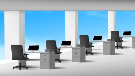 3D View Of White Office Interior With Computersのイラスト素材