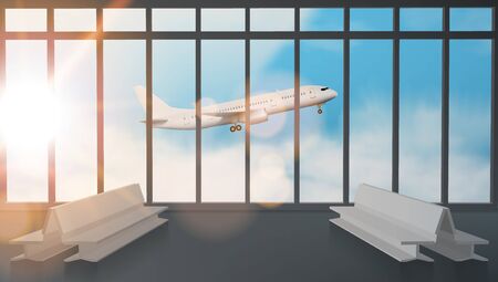 Airport Terminal Lounge With Airplane On Skyのイラスト素材