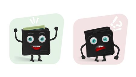 Full And Empty Funny Cartoon Wallet On Whiteのイラスト素材