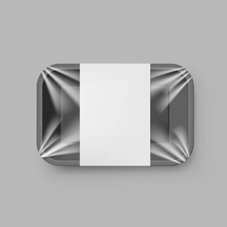 Empty Black Plastic Food Container with Label On Gray Background. EPS10 Vectorのイラスト素材