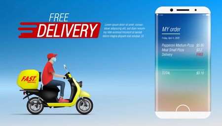 Delivery Man Courier Ride Motorcycle And Order From Smartphone. EPS10 Vectorのイラスト素材