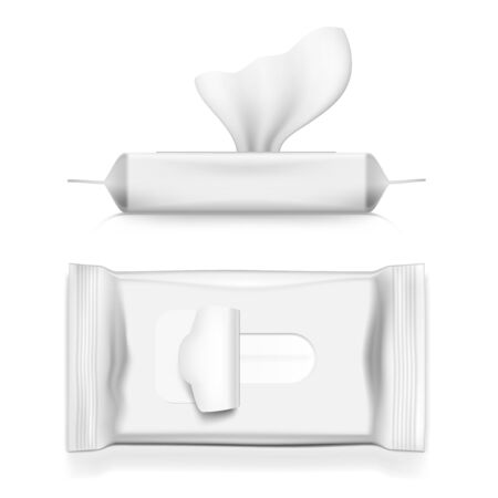 Realistic White Napkin Pack. Antibacterial Wet Wipes Or Hygiene Paper Hand Napkin Sanitary Packaging. EPS10 Vectorのイラスト素材
