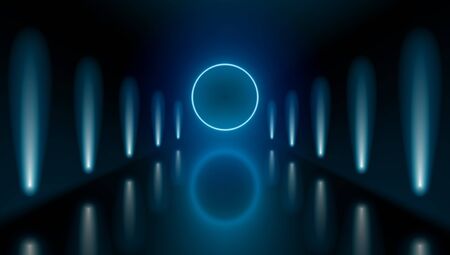 Dark Hall Room With Neon Lights And Circle Lightのイラスト素材