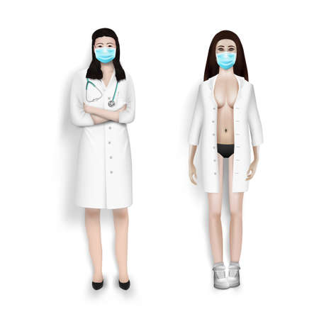 Confident Woman Doctor Standing With Crossed Arms And Sexy Nurse.  Vectorのイラスト素材