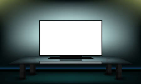 White TV Screen In Darkness In Room On Glass Table.のイラスト素材