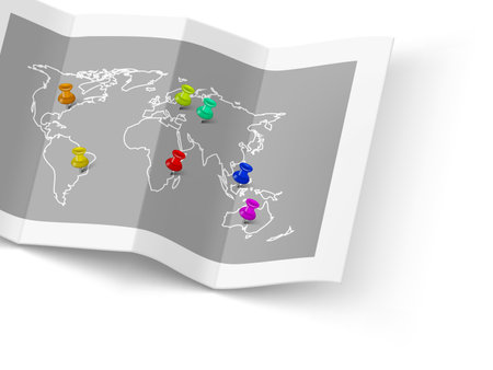 Paper Folded World Map With Red Pin Pointerのイラスト素材
