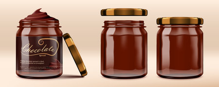 3D Glossy Chocolate Spread Paste Jars Set.のイラスト素材