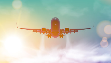 Takeoff Plane In Cloudy Sky On The Sunset. EPS10 Vector