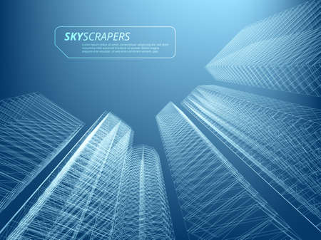 3D Low Poly Wireframe City Of Skyscrapersのイラスト素材