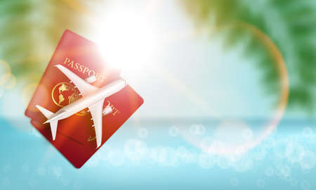 Airplane And Passport On Sunny Sea Backgroundのイラスト素材
