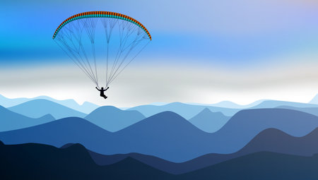 Abstract Nature Sunny Mountain Landscape With Paraglider Silhouette. EPS10 Vectorのイラスト素材