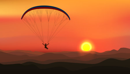 Abstract Nature Sunset Mountain Landscape With Paraglider Silhouette. EPS10 Vectorのイラスト素材