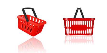 3D And 2D Realistic Red Shopping Cart Flying On White Background. EPS10 Vectorのイラスト素材