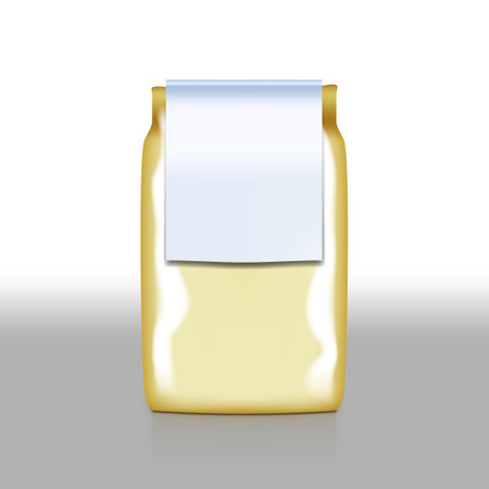 Cereal Golden Plastic Bag With White Clear Label Isolated. EPS10 Vectorのイラスト素材