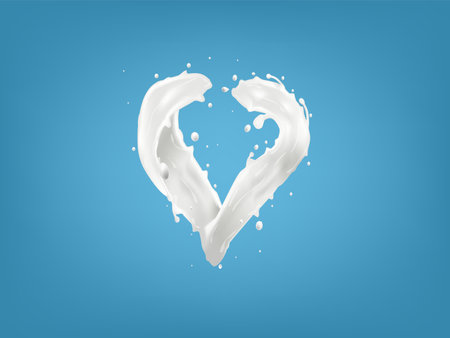 3D Realistic Heart Shapes Milk Splash Isolated On Blue Background. EPS10 Vectorのイラスト素材