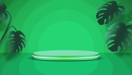 Summer Green Color Product Podium With Monstera Leaves. EPS10 Vectorのイラスト素材