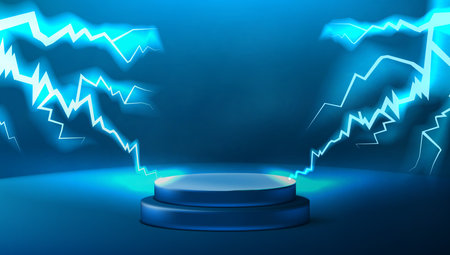 3D Blue Neon Glow Podium In Dark Room Striking By Lightning. EPS10 Vectorのイラスト素材