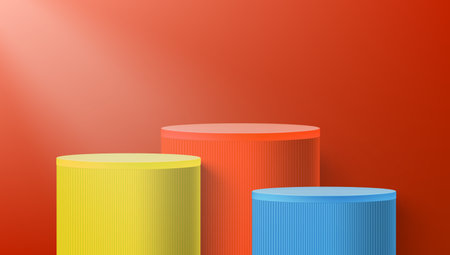 3D Yellow, Red And Blue Corrugate Cylinder Podiums
