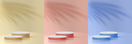 3D Beige, Blue And Red Cylinder Podium In Clear Room. EPS10 Vector