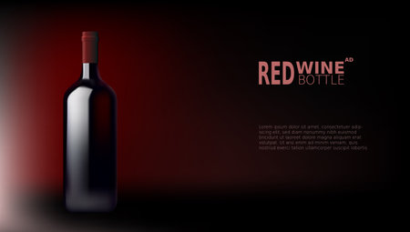 Dark Glass Wine Bottle On Black Background Advertising Template. EPS10 Vectorのイラスト素材