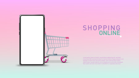 Parcel Boxes In Shopping Cart And Smartphone With Buy Button. Shopping Online Concept. EPS10 Vectorのイラスト素材