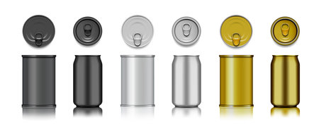 Black, Silver And Golden Tin Can With Pull Ring. Side, Top View. EPS10 Vectorのイラスト素材