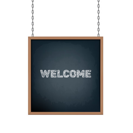 Sign On Chalkboard With Wooden Frame Hanging On Chains. EPS10 Vectorのイラスト素材