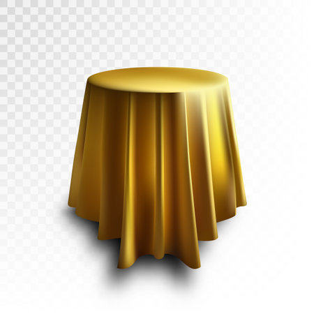 3D Round Table Podium Covered Golden Fabric Tablecloth Isolated On Transparent Background. EPS10 Vectorのイラスト素材