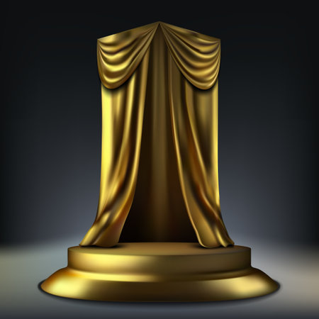 3D Golden Product Podium Display With Golden Fabric Curtain. EPS10 Vectorのイラスト素材