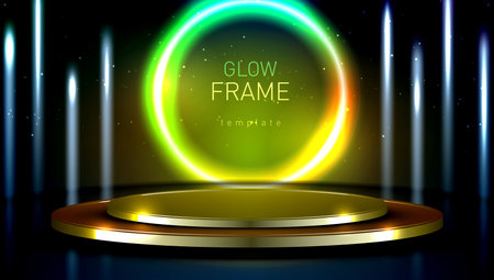 3D Luxury Podium With Golden Circles On Blueのイラスト素材