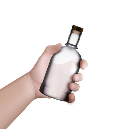 A Mans Hand Holding Bottle Of Vodka Isolated On White Background. EPS10 Vectorのイラスト素材