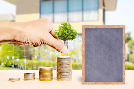Business finance and real estate concepts, Hand stacking coins with tree growing, Chalkboard free space for you planing, Business graph and blurred home garden background.の写真素材
