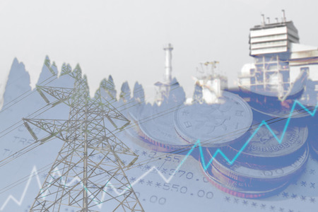 Double exposure of energy business and finance, Money coins with growing graph, Blurred power plant background.の写真素材