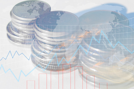 Double exposure of money coin stack with growing graph, Blurred world map background, Finance and banking concept.の写真素材