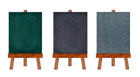 Collection of vertical chalkboard, Isolated on white background, Memo board or menu and message board stand, Template mock up for adding your design and adding more text. (Clipping path included)の写真素材