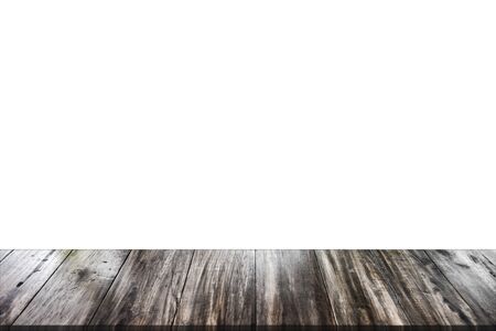 Empty wood table top isolate on white background, can be used for display or montage your products.の写真素材