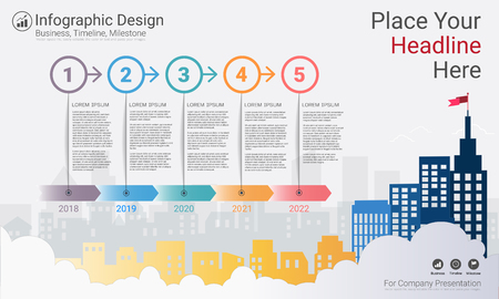 Business infographics template, Milestone timeline or Road map with Process flowchart 5 options, Strategic plan to define company values, Scheduling in project management to make facts and statistics.のイラスト素材