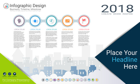 Business infographics template, Milestone timeline or Road map with Process flowchart 5 options, Strategic plan to define company values, Scheduling in project management to make facts and statistics.のイラスト素材