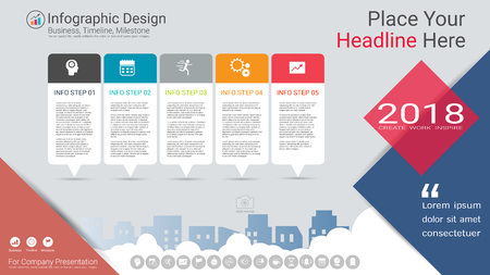 Business infographics template, Milestone timeline or Road map with Process flowchart 5 options, Strategic plan to define company values, Scheduling in project management to make facts and statistics.のイラスト素材