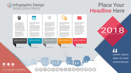Business infographics template, Milestone timeline or Road map with Process flowchart 5 options, Strategic plan to define company values, Scheduling in project management to make facts and statistics.のイラスト素材