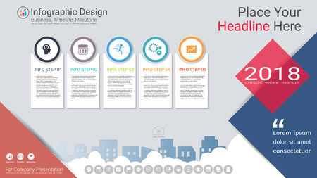 Business infographics template, Milestone timeline or Road map with Process flowchart 5 options, Strategic plan to define company values, Scheduling in project management to make facts and statistics.のイラスト素材