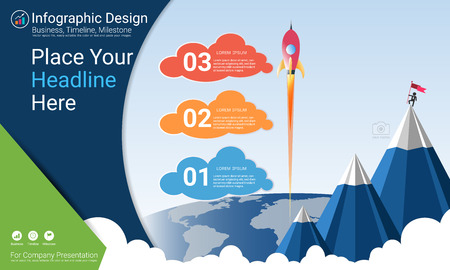 Business infographics report, Milestone timeline or Road map with Process flowchart 3 options, Strategic plan to define company values, Scheduling in project management to make facts and statistics.のイラスト素材
