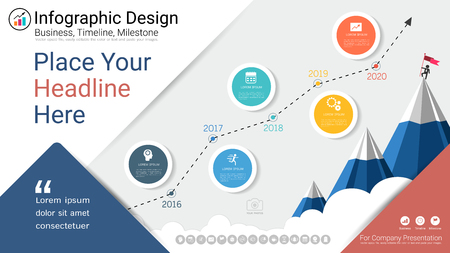 Business infographics template, Milestone timeline or Road map with Process flowchart 5 options, Strategic plan to define company values, Scheduling in project management to make facts and statistics.のイラスト素材