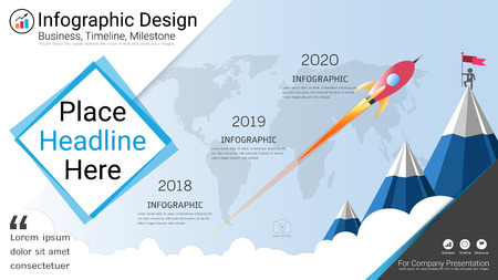 Business infographics report, Milestone timeline or Road map with Process flowchart 3 options, Strategic plan to define company values, Scheduling in project management to make facts and statistics.のイラスト素材