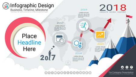 Business infographics template, Milestone timeline or Road map with Process flowchart 4 options, Strategic plan to define company values, Scheduling in project management to make facts and statistics.のイラスト素材