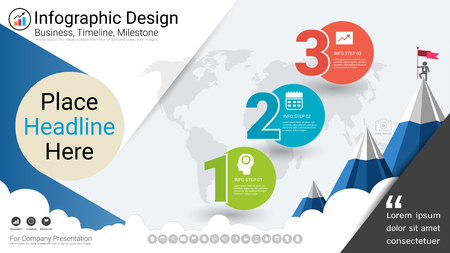 Business infographics report, Milestone timeline or Road map with Process flowchart 3 options, Strategic plan to define company values, Scheduling in project management to make facts and statistics.のイラスト素材