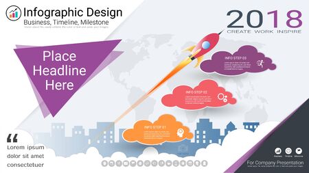 Business infographics report, Milestone timeline or Road map with Process flowchart 3 options, Strategic plan to define company values, Scheduling in project management to make facts and statistics.のイラスト素材