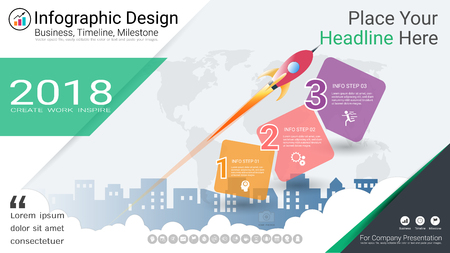Business infographics report, Milestone timeline or Road map with Process flowchart 3 options, Strategic plan to define company values, Scheduling in project management to make facts and statistics.のイラスト素材